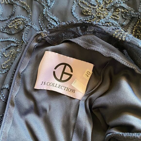 JS Collections Metallic Soutache Blouson Mesh Gown in Navy Gold, Size 10 - Picture 9 of 11